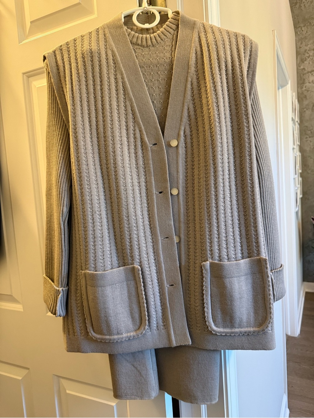 MonnaLisa Taupe Ribbed Button-Front Cardigan, skirt & sweater. Three piece set.